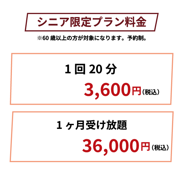 シニア限定プラン※6お菜以上の方が対象になります。1回20分3600円（税込）、1か月受け放題36000円（税込）